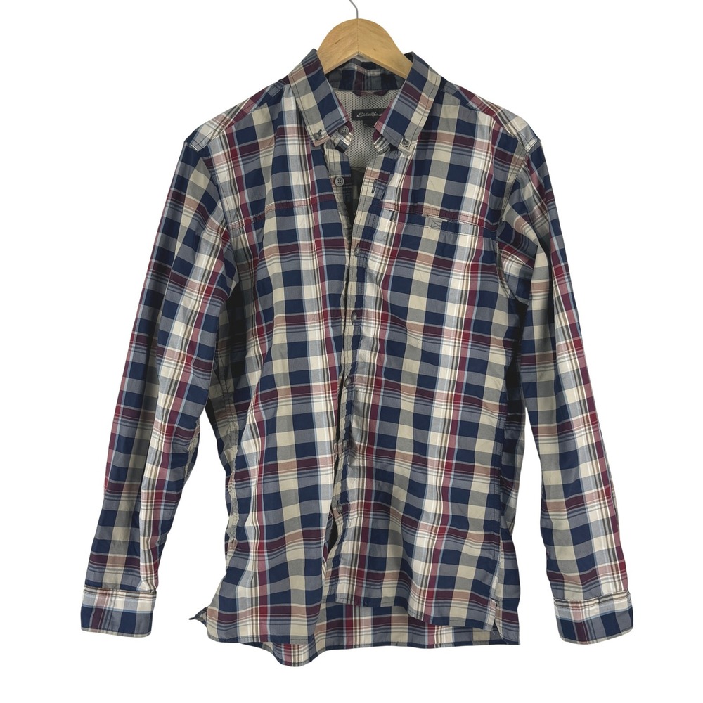 Eddie‎ Bauer Mens Plaid Button Down Shirt Blue Burgundy D3867365 Fall 18 Size S